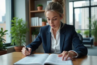Femme entrepreneur en veste marine analysant un guide d'abonnement au journal des entrepreneurs dans un bureau moderne