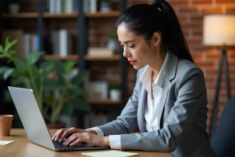 Femme professionnelle analysant des erreurs de gestion de noms de domaine sur un ordinateur portable dans un bureau moderne