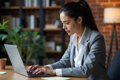 Femme professionnelle analysant des erreurs de gestion de noms de domaine sur un ordinateur portable dans un bureau moderne