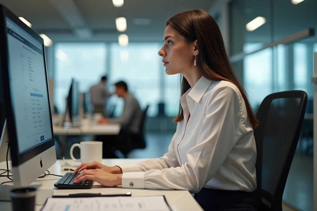 Femme accédant à l'espace client AKEO Télécom pour consulter sa facture depuis un bureau professionnel