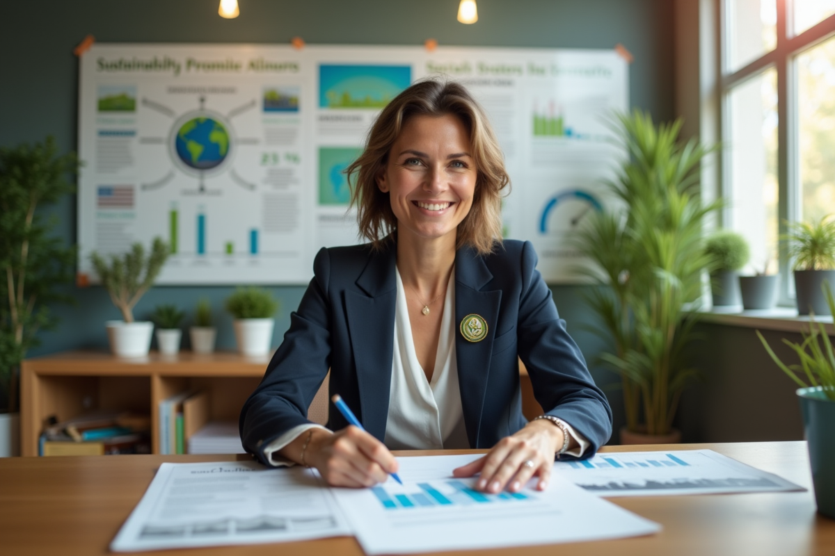 Femme dirigeante examinant des rapports de durabilite en interieur