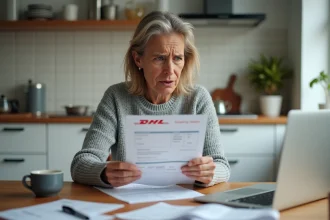 Femme consultant une facture DHL surévaluée sur son ordinateur portable dans une cuisine moderne