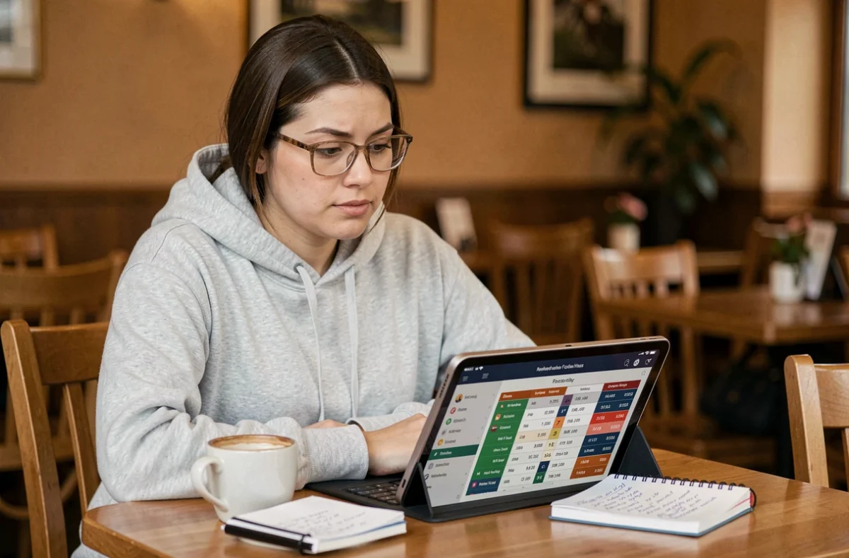 Femme débutante consultant les statistiques de trot sur une tablette dans un café avec la plateforme Infonet5