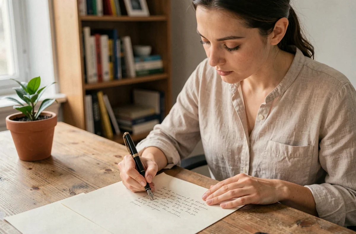 Femme rédigeant une lettre de motivation manuscrite courte à son bureau en bois avec un stylo plume