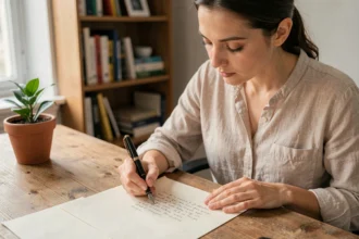 Femme rédigeant une lettre de motivation manuscrite courte à son bureau en bois avec un stylo plume