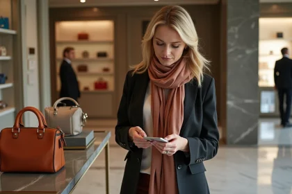 Femme &eacute;l&eacute;gante examinant un sac &agrave; main en cuir dans une boutique de luxe