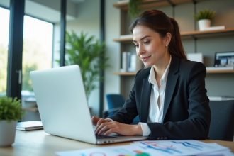 Femme d'affaires analysant des graphiques marketing