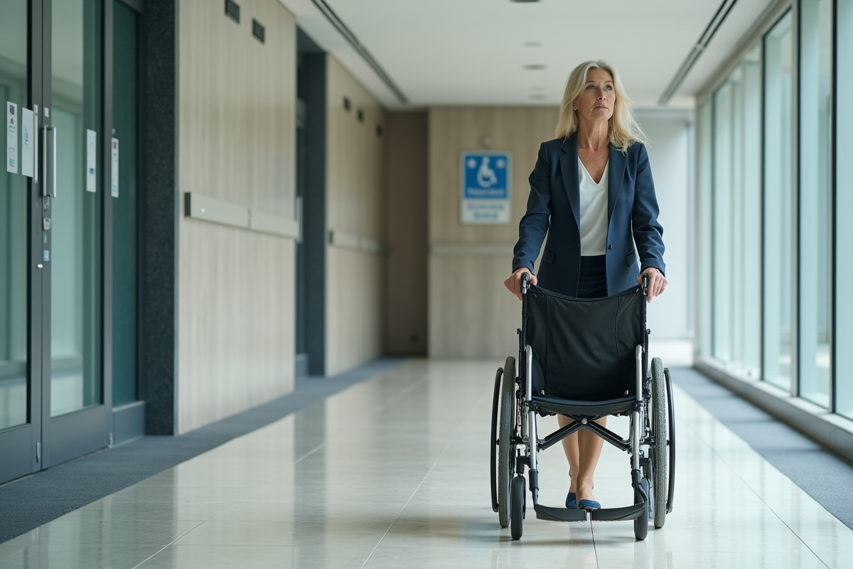 Femme en fauteuil roulant dans un bureau moderne et accessible