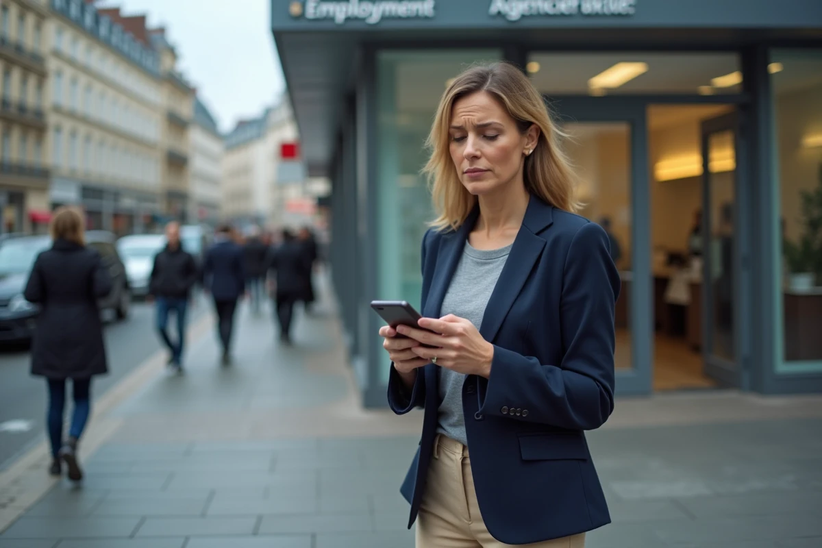 Femme devant une agence P&ocirc;le emploi consultant une notification de radiation sur son t&eacute;l&eacute;phone