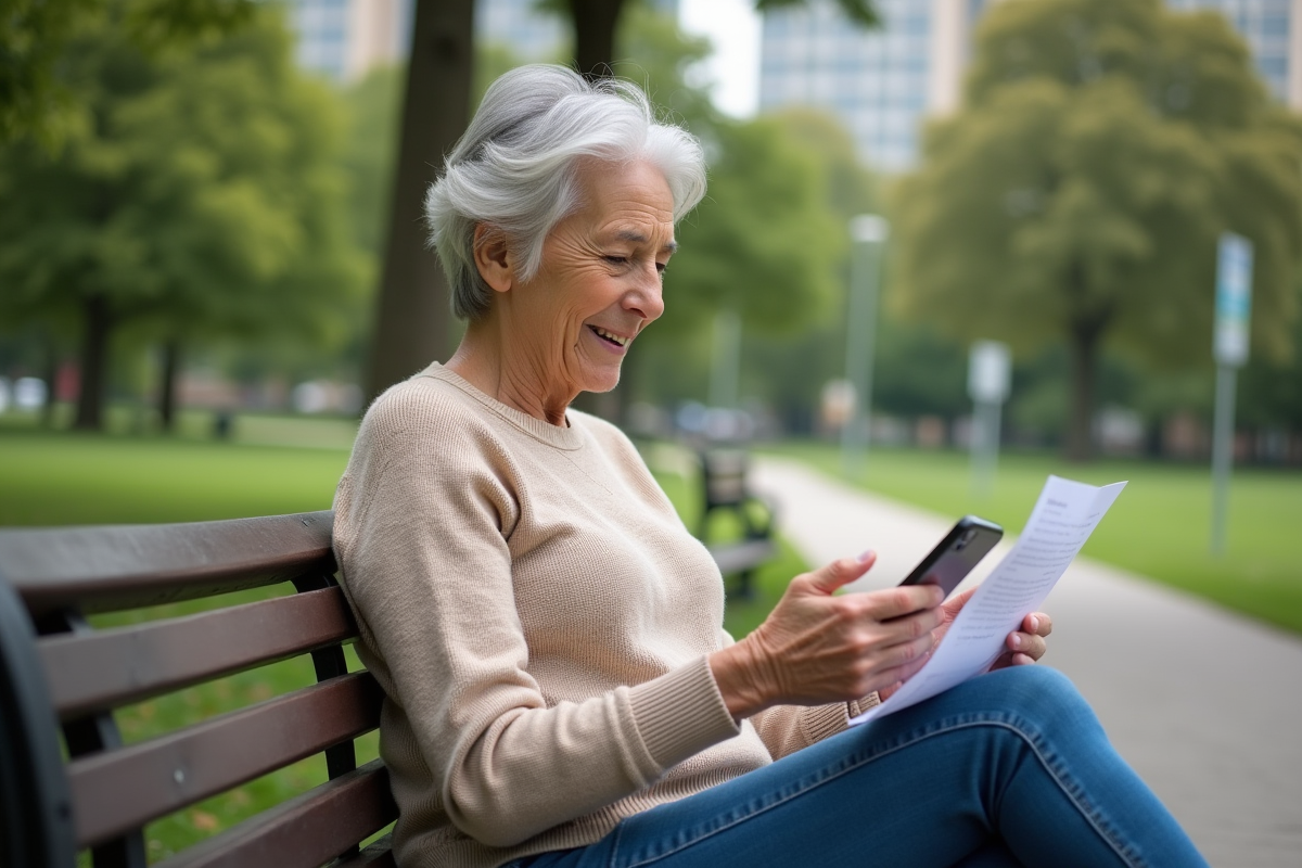 Femme assise sur un banc dans un parc avec téléphone et lettre