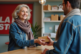 Femme française en veste en denim à la poste