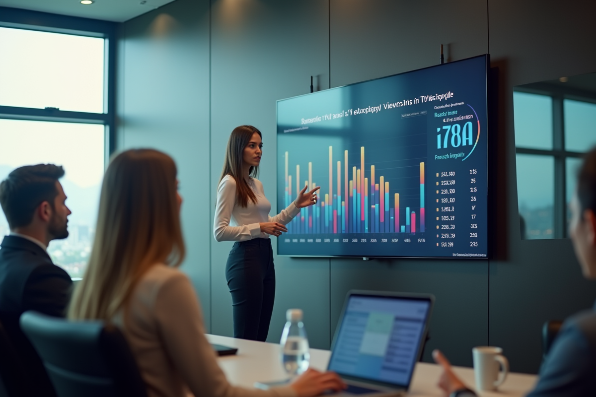 Jeune femme en tenue décontractée présentant des données TV dans un bureau