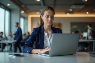Femme d'affaires au bureau en train de naviguer sur son ordinateur