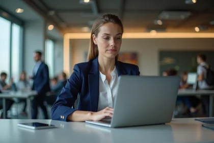 Femme d'affaires au bureau en train de naviguer sur son ordinateur