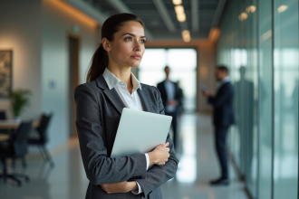 Femme d affaires dans un bureau moderne regardant au loin