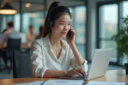 Jeune femme professionnelle au bureau avec casque et téléphone