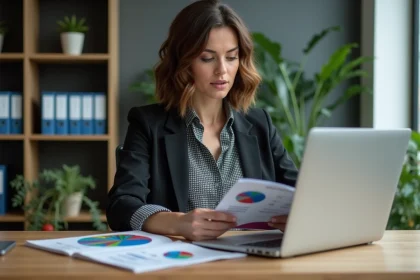 Femme professionnelle en bureau moderne lisant brochure