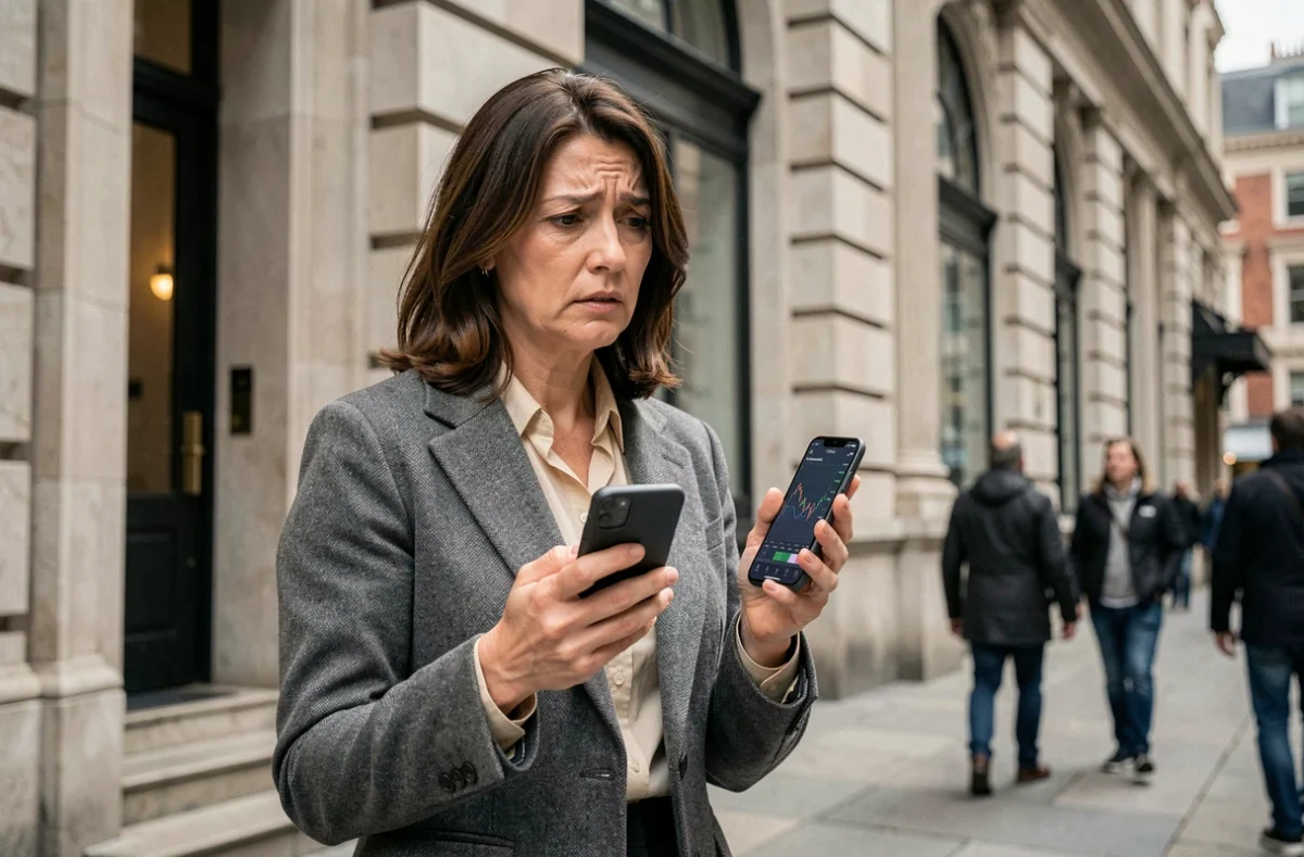 Une femme devant une banque consultant son téléphone avec des graphiques financiers, symbolisant la prudence face à un risque d'investissement