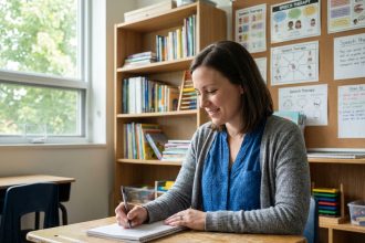 Femme attentive en classe avec notes et livres