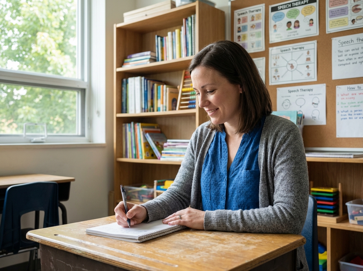 Femme attentive en classe avec notes et livres