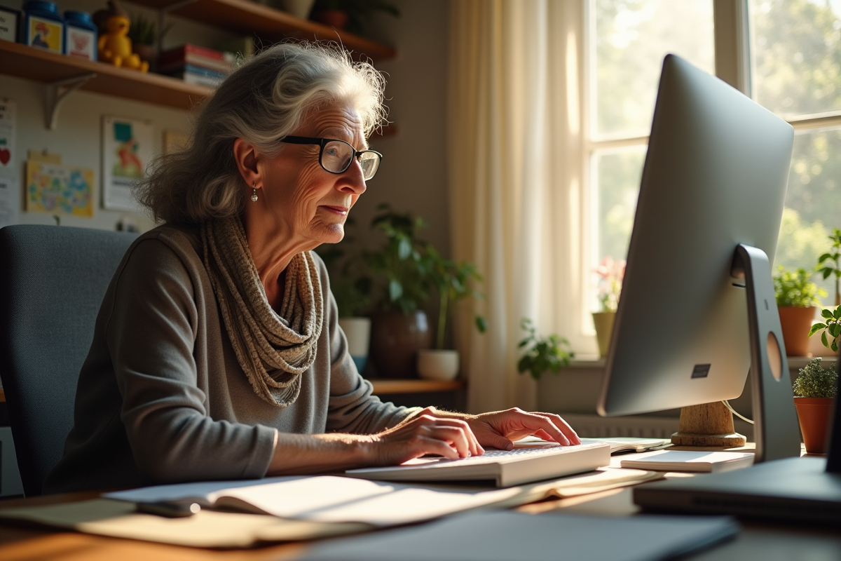 Femme senior concentrée sur son ordinateur dans un espace lumineux