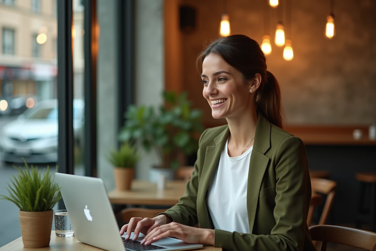 Femme solopreneuse ambitieuse travaillant sur sa stratégie business dans un café urbain avec un ordinateur portable