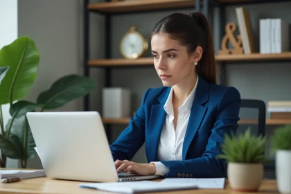 Jeune femme en blazer bleu analyse stratégie digitale