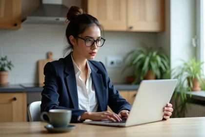 Jeune femme professionnelle travaillant à domicile avec ordinateur