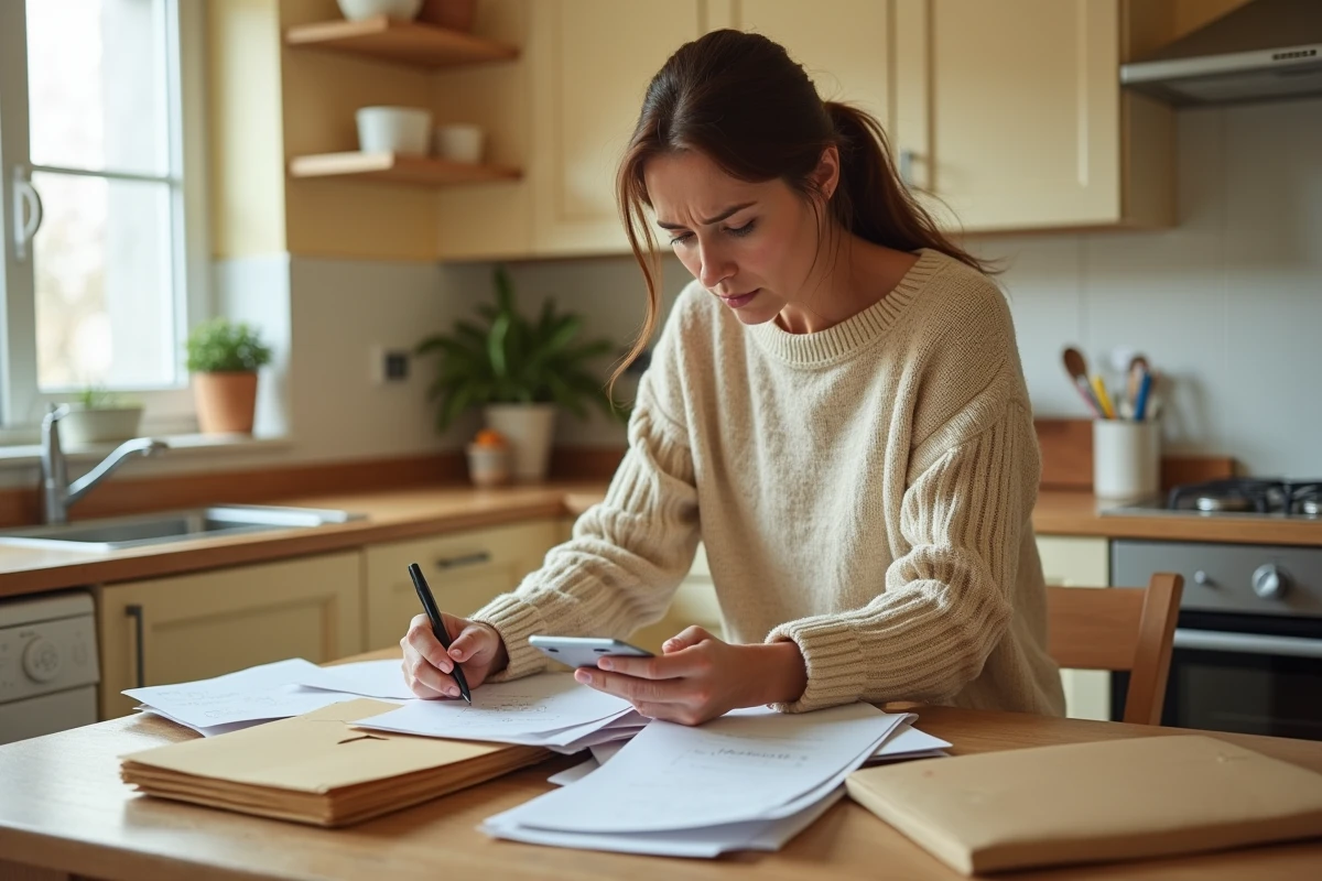Femme triant des lettres mal redirigées sur une table de cuisine, illustrant les erreurs courantes de réexpédition du courrier