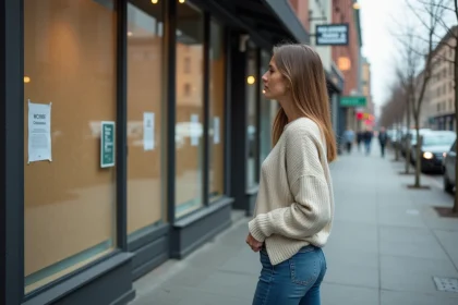 Femme d'âge moyen devant une boutique fermée en ville