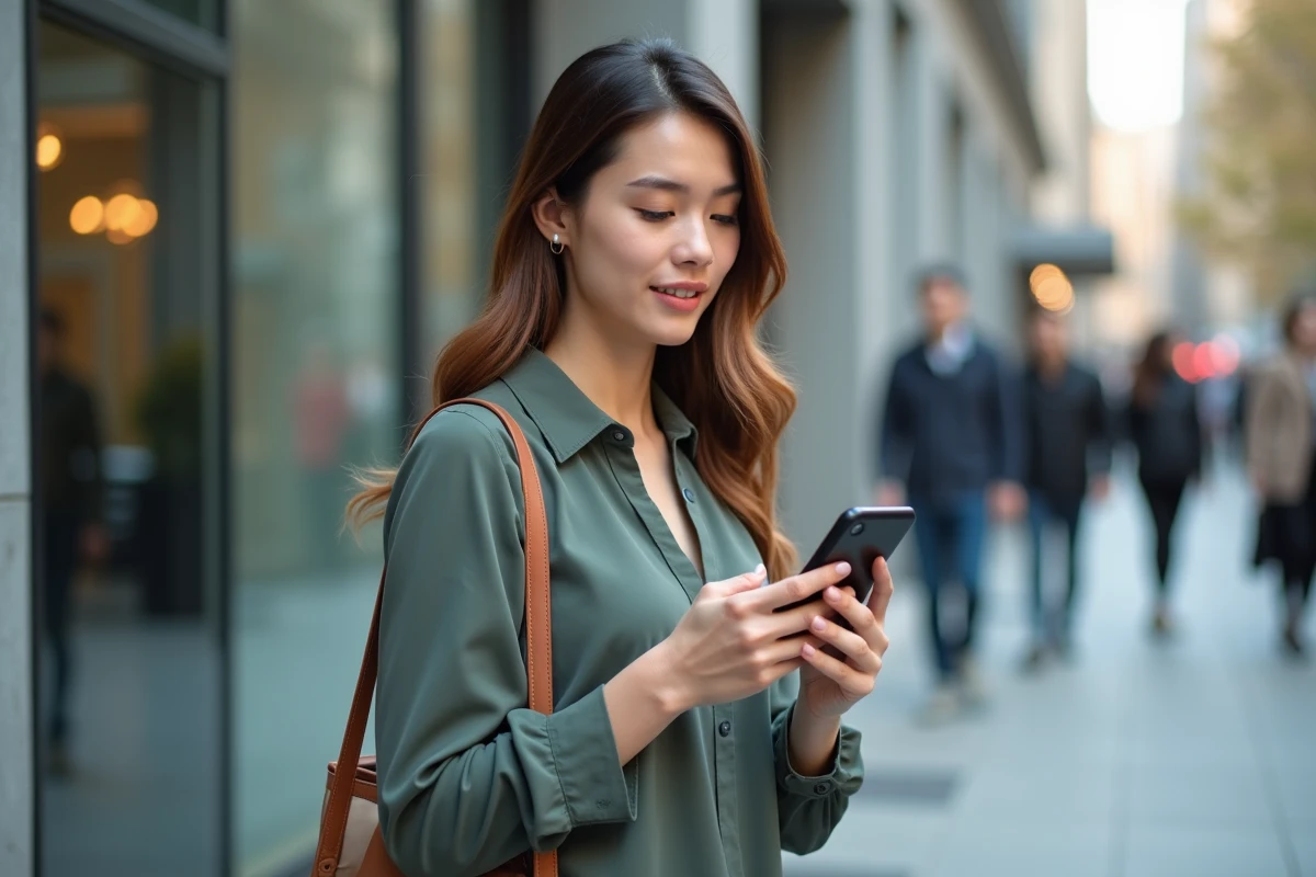 Jeune femme regardant des avis sur son t&eacute;l&eacute;phone dehors