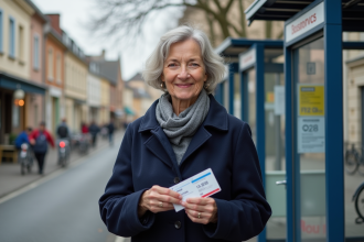 Femme souriante avec titre de transport en France