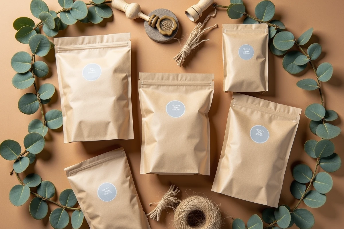Vue de dessus d'une collection de sacs papier kraft personnalisés en petite quantité avec accessoires naturels