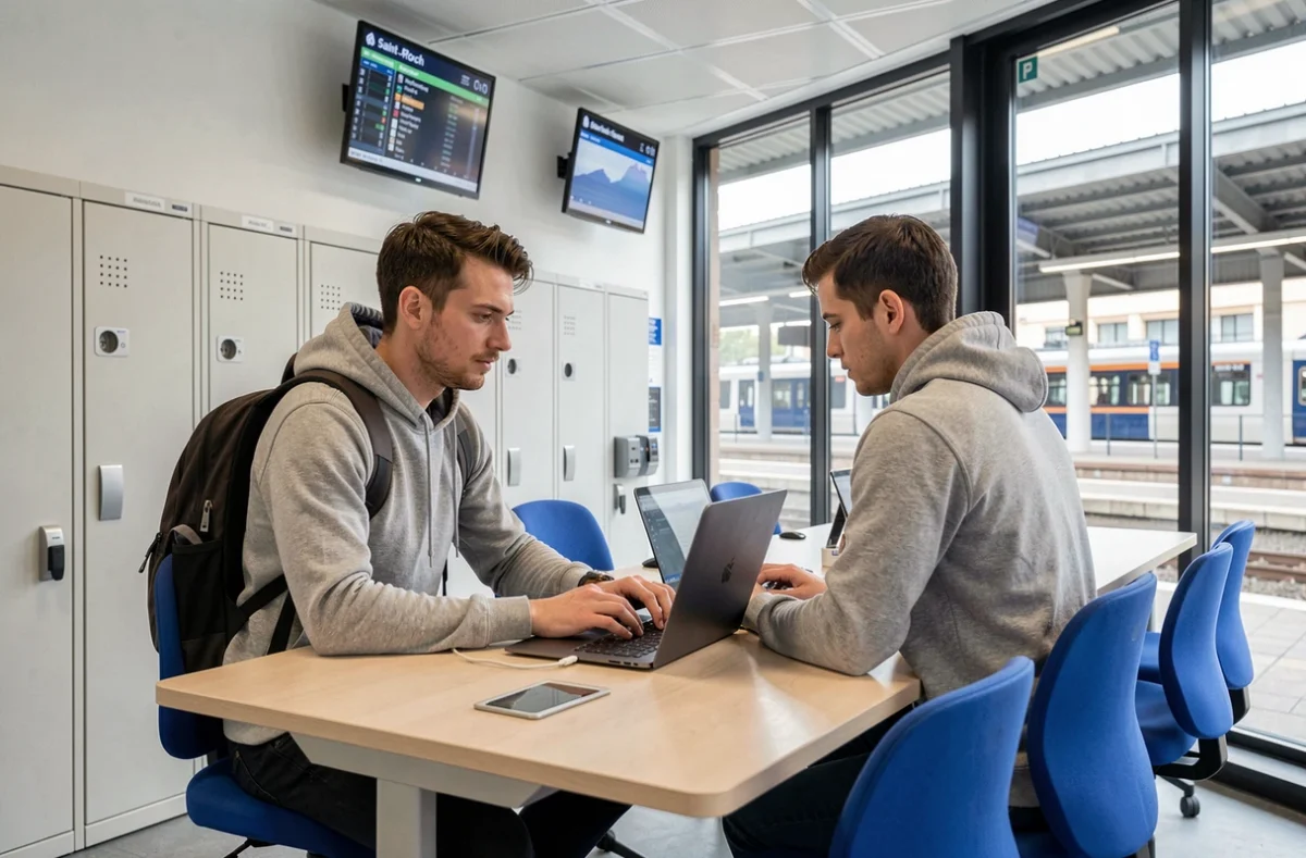 Flex-O Montpellier Gare Saint-Roch avec un coworker s'installant à un bureau flexible près de la gare