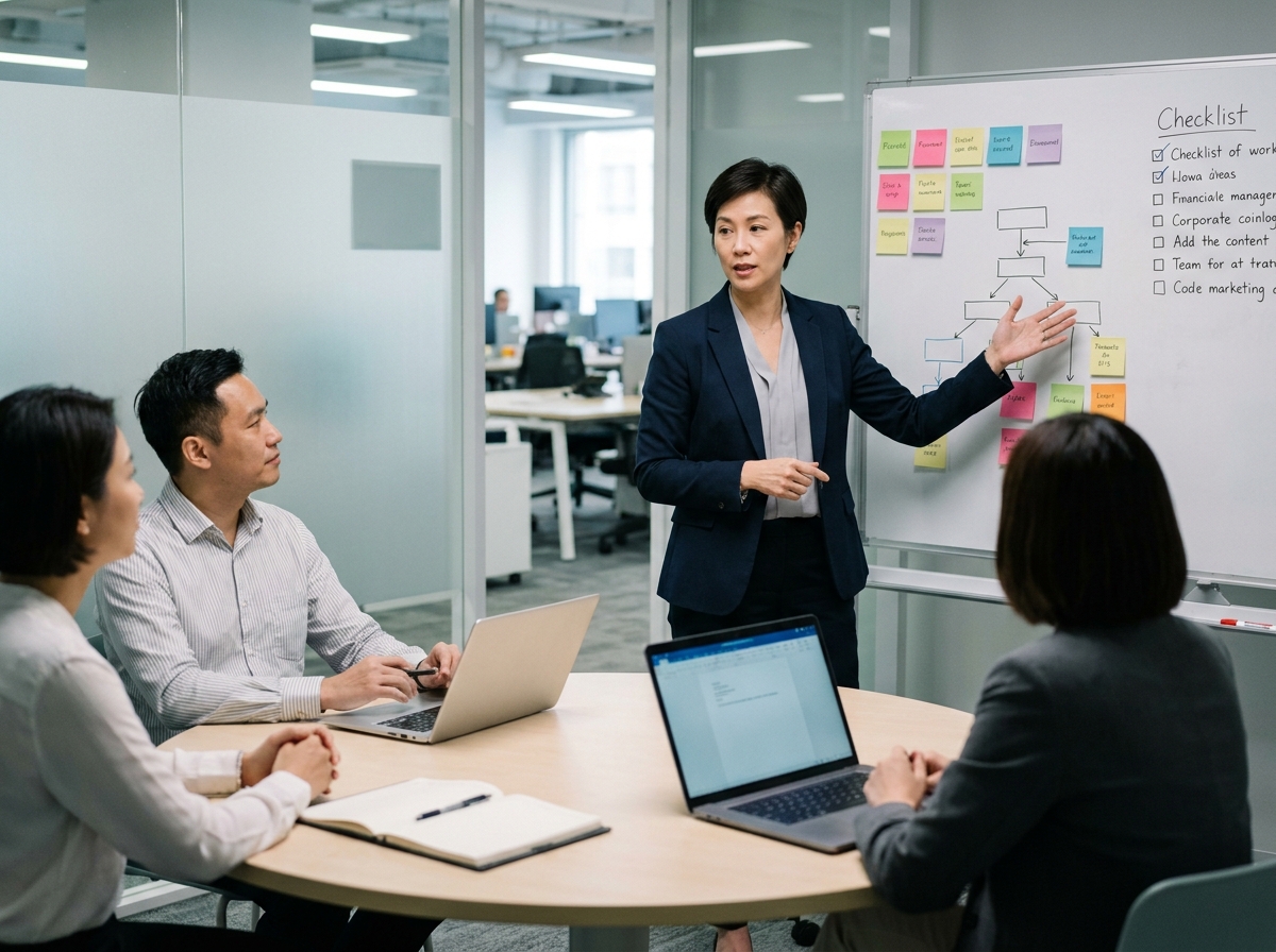 Formatrice expliquant des modules de formation conformes à un groupe de professionnels dans une salle de réunion moderne