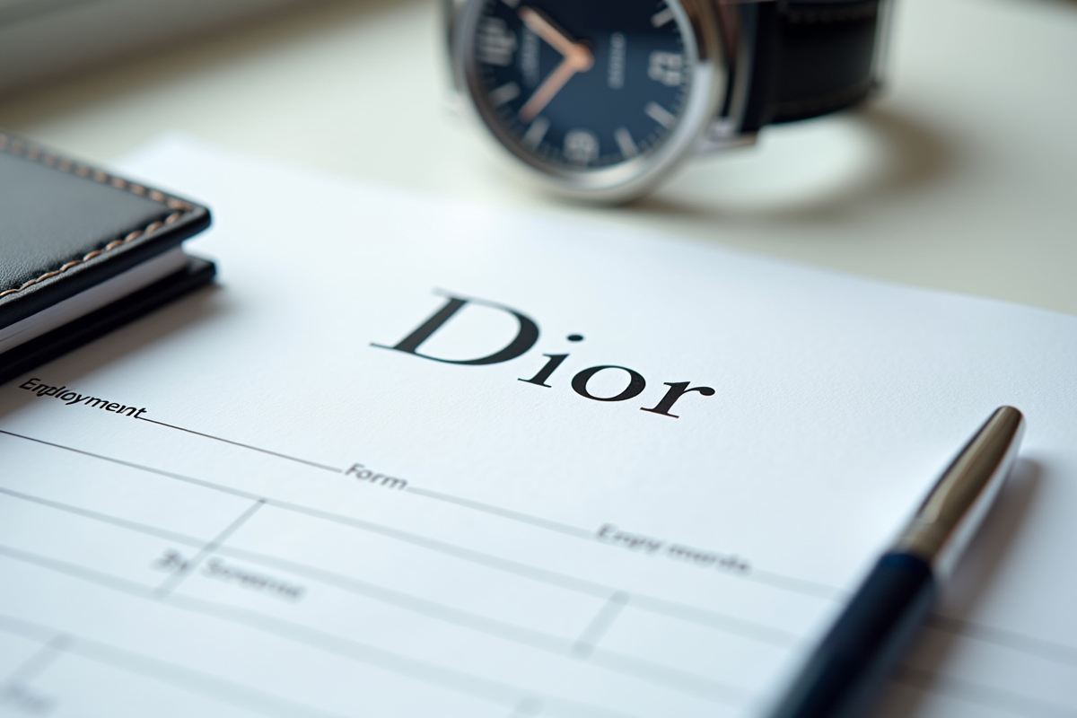 Formulaire d emploi Dior sur un bureau avec montre et stylo Dior