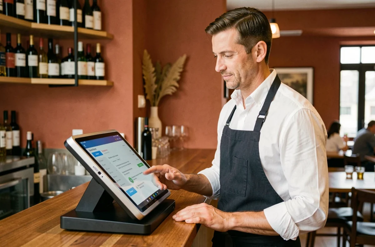 Responsable de restaurant utilisant une caisse enregistreuse tactile moderne dans un bistro contemporain
