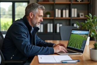 Hommes de vignoble en bureau avec ordinateur portable