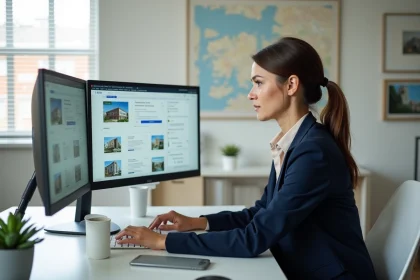 Gestionnaire d'agence de location courte durée analysant un logiciel de gestion immobilière sur ordinateur