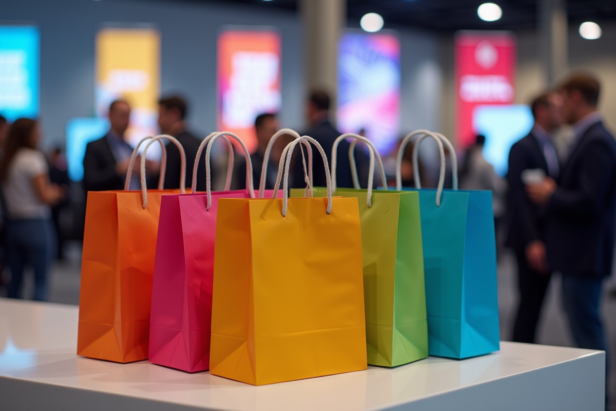 Série de sacs colorés sur un stand d