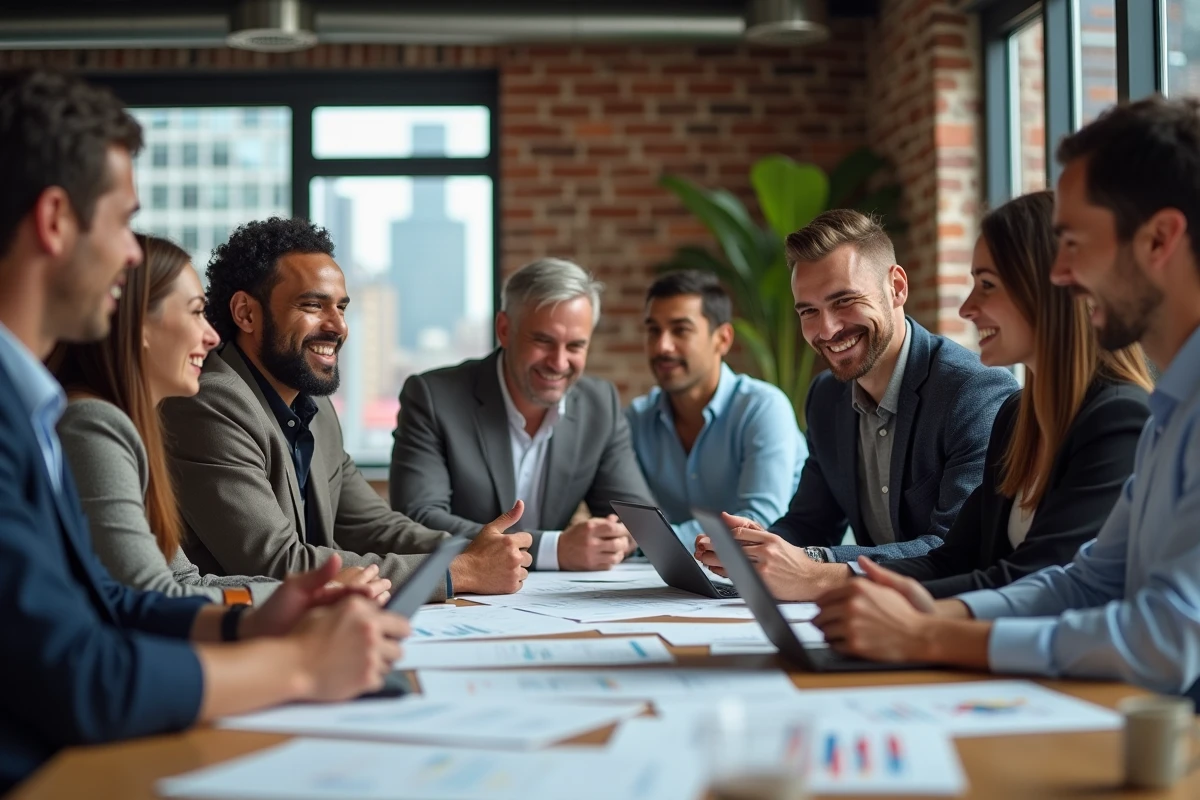 Groupe d entrepreneurs divers collaborant en coworking