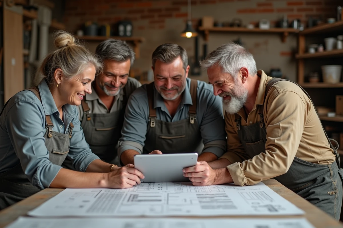 Groupe d'artisans discutant autour d'une table en atelier