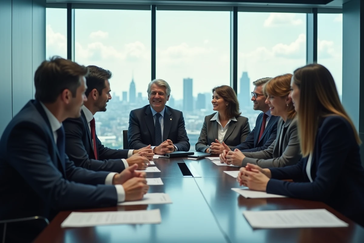 Groupe de cadres en réunion dans une salle de conférence avec vue urbaine