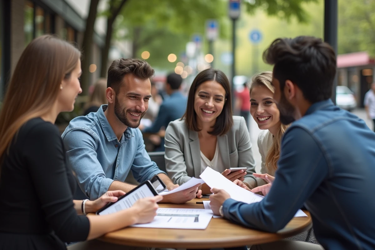 Groupe de jeunes professionnels au café utilisant tablettes