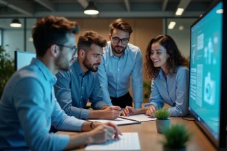 Groupe de professionnels autour d'une tablette en réunion