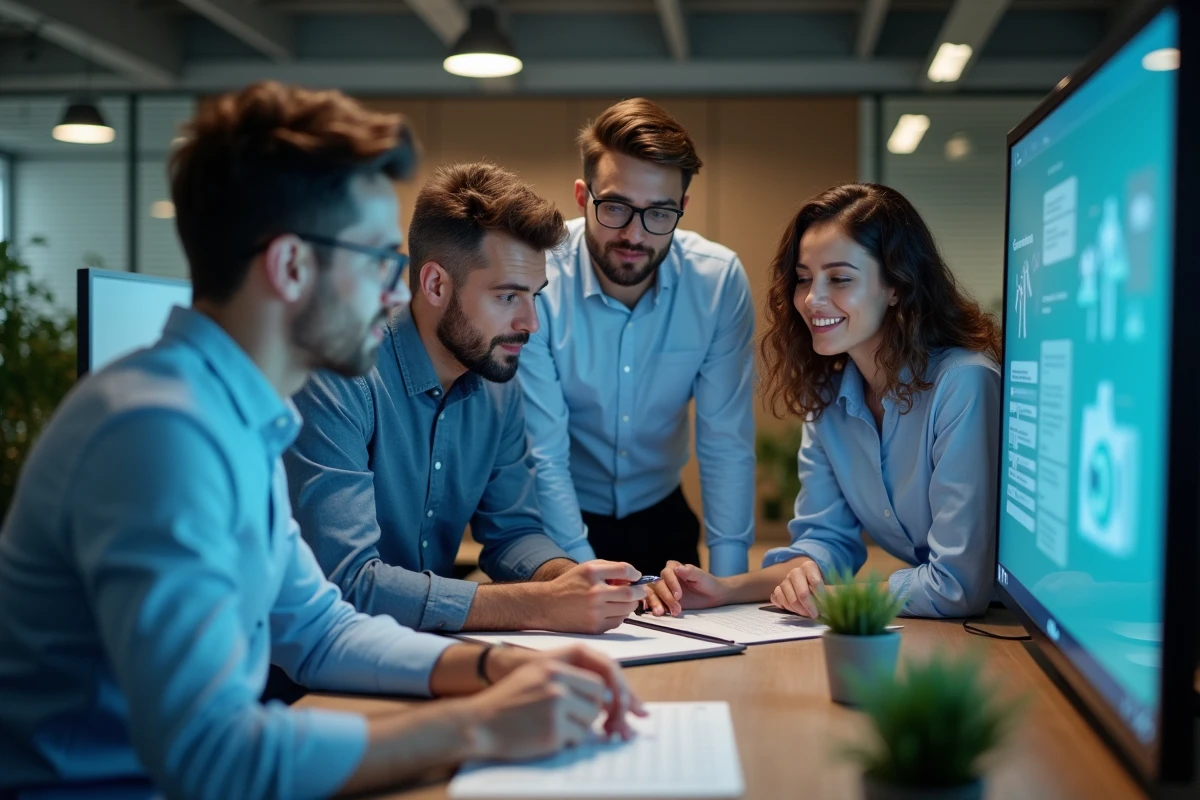 Groupe de professionnels autour d'une tablette en réunion