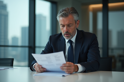 Homme d'affaires en costume examinant des documents financiers