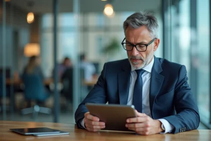 Homme d affaires en costume bleu lisant une tablette dans un bureau moderne