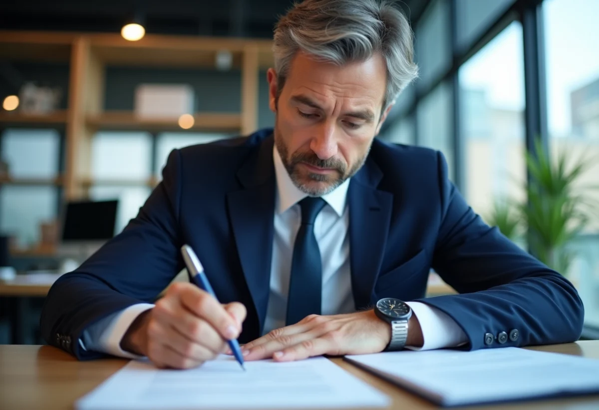 Homme d'affaires signant un document dans un bureau moderne