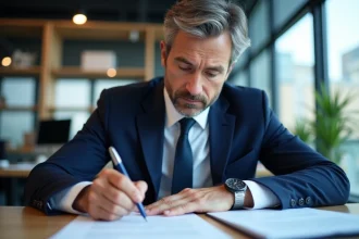 Homme d'affaires signant un document dans un bureau moderne